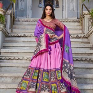 Peach Color Tussar Silk Kalamkari Printed Lehenga Choli