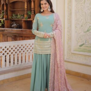 Beautiful Bottle Green Color Georgette Three Piece Plazzo Suit