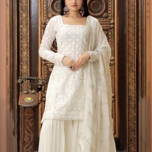 White Color Three Piece Sharara Suit