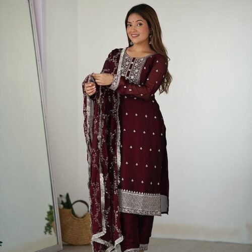Maroon Color Rangoli Silk Three Piece Kurti Suit