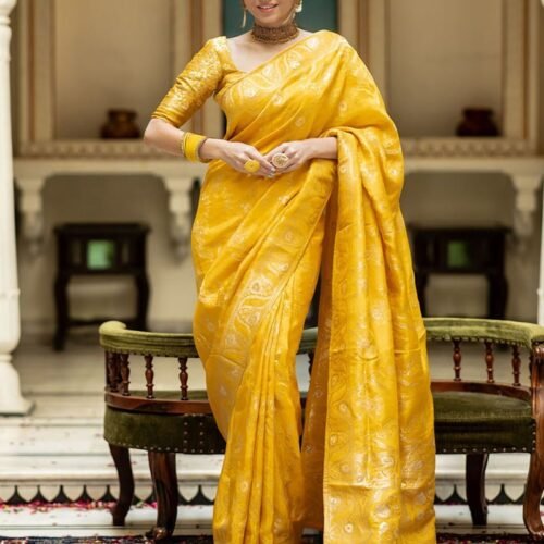 Yellow Color Banarasi Jacquard Zari Weaving Saree