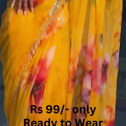 Golden Sunburst Floral Chiffon Saree