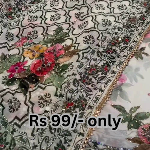Artisanal White Floral Saree with Gilded Lace Edging
